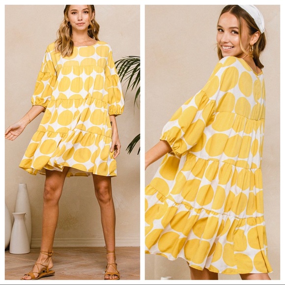 14 Boho Large Polka Dot Print Quarter Sleeve Swing Dress - Picture 3 of 6